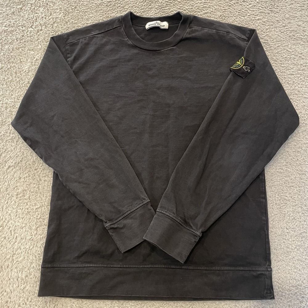 Stone Island Patch Sweatshirt Mens Small Black Garment Dyed Cotton Crewneck